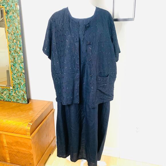 Vintage Size XL Linen Rayon 2-Piece Lagenlook Artsy Black Embroidered Dress Set - Picture 4 of 10